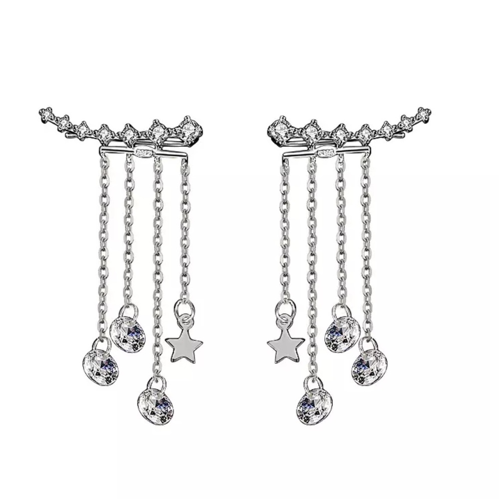925 Silver Ear climber Crystal Tassel Earrings - Picture 2 of 4